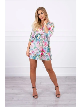 Kvetinové šaty s viazaním v páse ecru