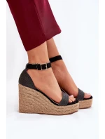Sandały Damskie Na Koturnie Z Plecionką Czarne Adelio