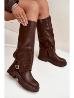 Ocieplane Kozaki Z Wywiniętą Cholewką I Klamrą Czekoladowe Fiorae