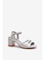 Sandały Damskie Eko Skórzane Na Słupku Z Ozdobami Srebrne Narhi