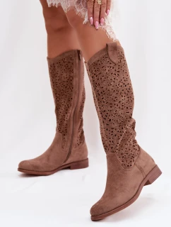 Dámské perforované kozačky na plochém podpatku S.Barski HY61-8023 Hnědé