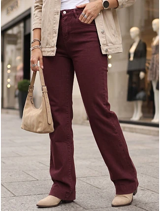 Dámske džínsy so širokými nohavicami a vysokým pásom v bordovej farbe FashionStreet UY3105 Dámske džínsy so širokými nohavicami a vysokým pásom v bordovej farbe FashionStreet UY3105
