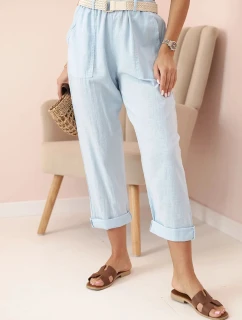 Dámske ľanové nohavice s bavlnou a opaskom modré