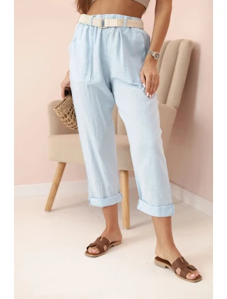 Dámske ľanové nohavice s bavlnou a opaskom modré