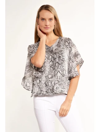Dámska blúzka s volánovými rukávmi BLU2020-M19 sivá so vzorom - Monnari Dámska blúzka s volánovými rukávmi BLU2020-M19 sivá so vzorom - Monnari
