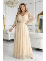 654-2 Dlhé trblietavé plus size šaty s výstrihom a priehľadnými rukávmi - šampanská béžová