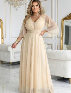 654-2 Dlhé trblietavé plus size šaty s výstrihom a priehľadnými rukávmi - šampanská béžová