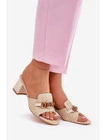 Klapki Damskie Na Obcasie Z Ozdobą Beżowe Ovittole