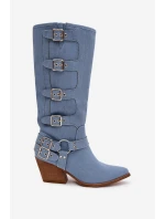 Kozaki Kowbojki Na Słupku Z Klamrami Jeansowe Fivelle