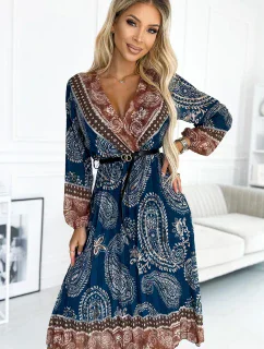 510-1 Plisované midi šaty s výstrihom, dlhými rukávmi a čiernym opaskom - modro-hnedý vzor