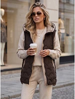 Dlhá prešívaná dámska vesta s kapucňou, hnedá, FashionStreet TY5921 Dlhá prešívaná dámska vesta s kapucňou, hnedá, FashionStreet TY5921