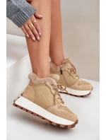 Skórzane Sneakersy Trapery Damskie Z Futerkiem Na Platformie Big Star OO274A330 Beżowe
