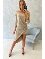 Asymetrické šaty, 3/4 rukávy, tmavo béžové