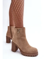 Damskie Zamszowe Botki Na Słupku Z Ozdobą Beżowe Strong