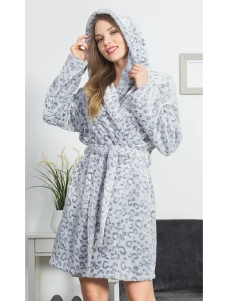 Dámsky župan krátky s kapucňou Leopard grey