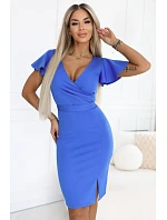 479-12 NINA elegantné šaty s obálkovým výstrihom, rukávmi a opaskom - kráľovská modrá
