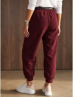 Dámske bavlnené manšestrové nohavice s opaskom, vínové, FashionStreet UY3173