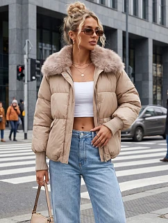 Dámska zimná prešívaná bunda s kožušinou, béžová, FashionStreet TY5816