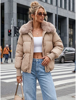 Dámska zimná prešívaná bunda s kožušinou, béžová, FashionStreet TY5816 Dámska zimná prešívaná bunda s kožušinou, béžová, FashionStreet TY5816