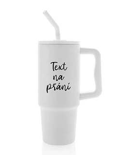 TEXT NA ŽIADOSŤ - biely cestovný termohrnček 900 ml