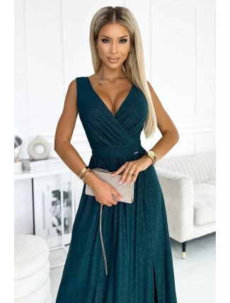 467-1 LOUISE dlhé brokátové šaty s výstrihom a rozparkom na nohách - BUTTER GREEN