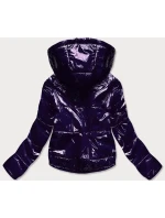 Tmavo modrá lesklá prešívaná dámska bunda s kapucňou (B9560) Tmavo modrá lesklá prešívaná dámska bunda s kapucňou (B9560)