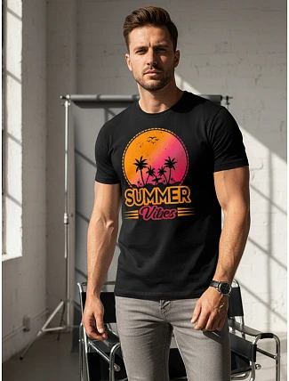 Pánske bavlnené tričko s potlačou Summer Vibes čierne FashionStreet NX047R Pánske bavlnené tričko s potlačou Summer Vibes čierne FashionStreet NX047R
