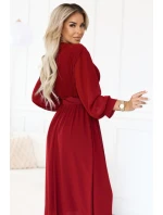 639-1 Elegantné plisované maxi šaty s opaskom a obálkovým výstrihom - bordové