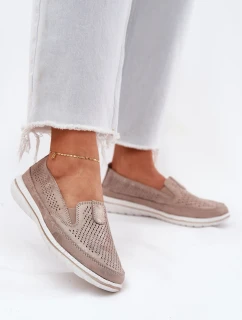 Zamszowe Ażurowe Półbuty Mokasyny Damskie Złote Redileine