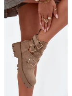 Botki Damskie Z Paskami I Złotymi Klamrami Beżowe Helisse