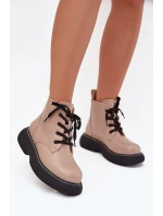 Ocieplane Botki Damskie Na Platformie Sznurowane Ciemnobeżowe Harmine