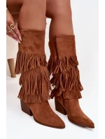 Ocieplane Kozaki Kowbojki Damskie Z Frędzlami Camel Brivina