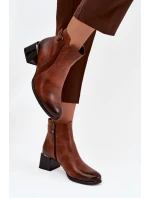 Skórzane Botki Damskie Na Obcasie Ocieplane Zazoo 60563 Brązowe