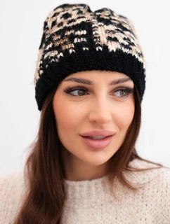 Dámska zimná čiapka s farebným vláknom a hrubým okrajom K355 black+beige