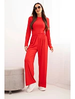Dámska súprava z viskózy s blúzkou a širokými nohavicami červená