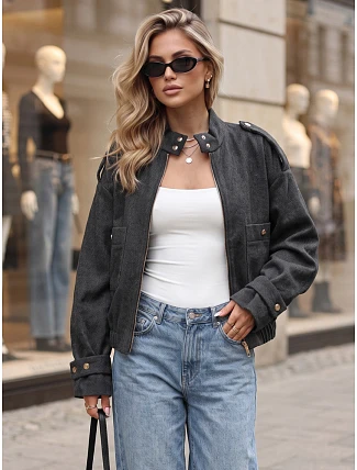 Krátka dámska bomberová bunda s vysokým stojáčikom, čierna, FashionStreet TY5847 Krátka dámska bomberová bunda s vysokým stojáčikom, čierna, FashionStreet TY5847