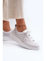 Ażurowe Damskie Sneakersy Na Koturnie Skóra Naturalna Jasnoszare S.Barski LR482