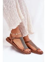 Płaskie Eleganckie Sandały Damskie Z Kryształkami Artiker 56C1365 Brązowe