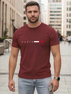 Pánske bavlnené tričko s nápisom PARIS v bordovej farbe, FashionStreet NX5139R