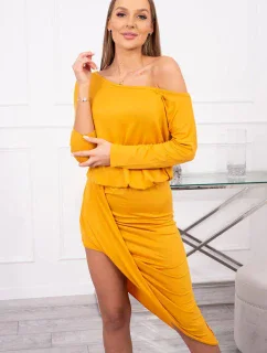Asymetrické šaty, 3/4 rukávy, horčicová farba