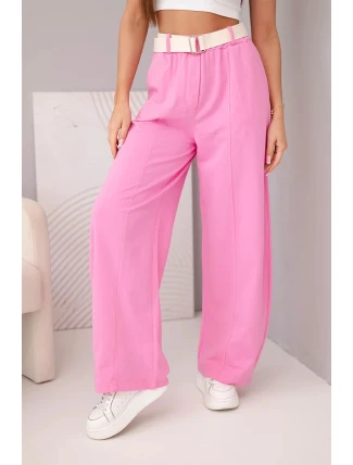 Dámske bavlnené nohavice so širokými nohavicami a opaskom candy pink