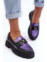 Półbuty Loafersy Damskie Skórzane Na Płaskim Obcasie Czarno-Fioletowe Elkiza