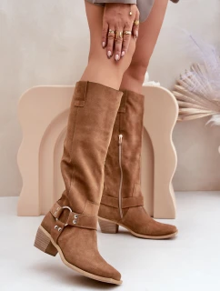 Zamszowe Kozaki Na Niskim Obcasie Z Cholewką Przed Kolano Zazoo 3444/O Camel