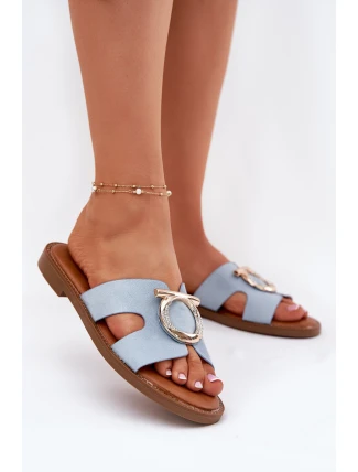 Klapki Damskie Na Płaskim Obcasie Z Ozdobą Vinceza 17381 Niebieskie