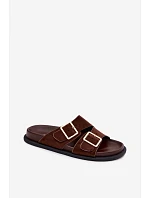 Dámské pantofle z imitace semiše s zlatými přezkami čokoládové Selissea