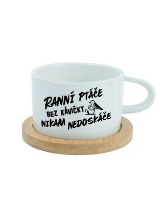 RANNÍ PTÁČE BEZ KÁVIČKY NIKAM NEDOSKÁČE - bílý hrníček makronka 200 ml
