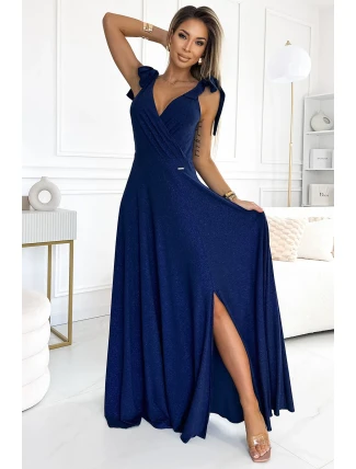 405-5 ELENA Dlhé šaty s výstrihom a viazaním na ramenách - GRANITE WITH BROKER