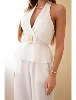 Dámsky viskózový uzlíkový top a nohavice so širokými nohavicami ecru Dámsky viskózový uzlíkový top a nohavice so širokými nohavicami ecru