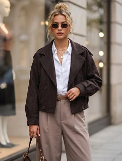 Krátky dámsky dvojradový kabát v čokoládovej farbe FashionStreet TY6026