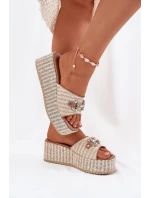 Klapki Damskie Na Koturnie Z Plecionką I Ozdobą Beżowe Isolene